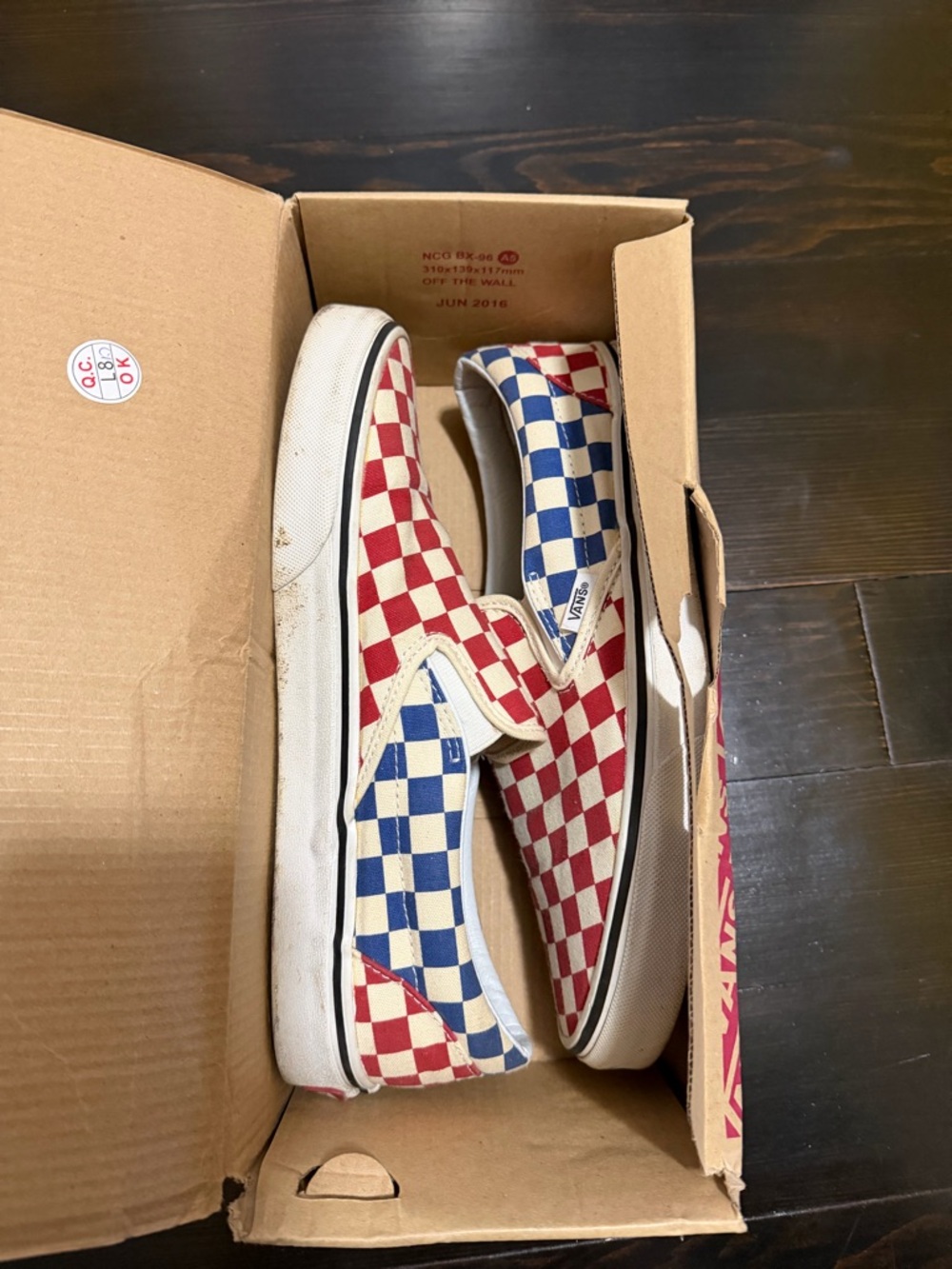 Vans Checkerboard Slip-On Sneakers in Red & Blue